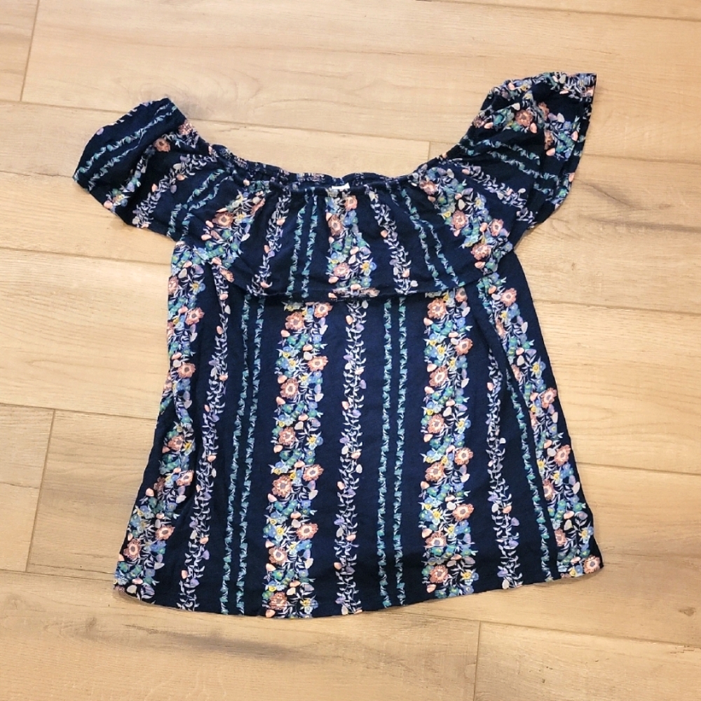 Old Navy Navy Floral Off The Shoulder Blouse Size Medium
